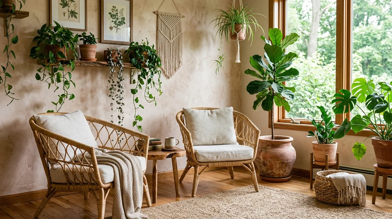Balance modern lines with rustic texture inspiration for an earthy living room.